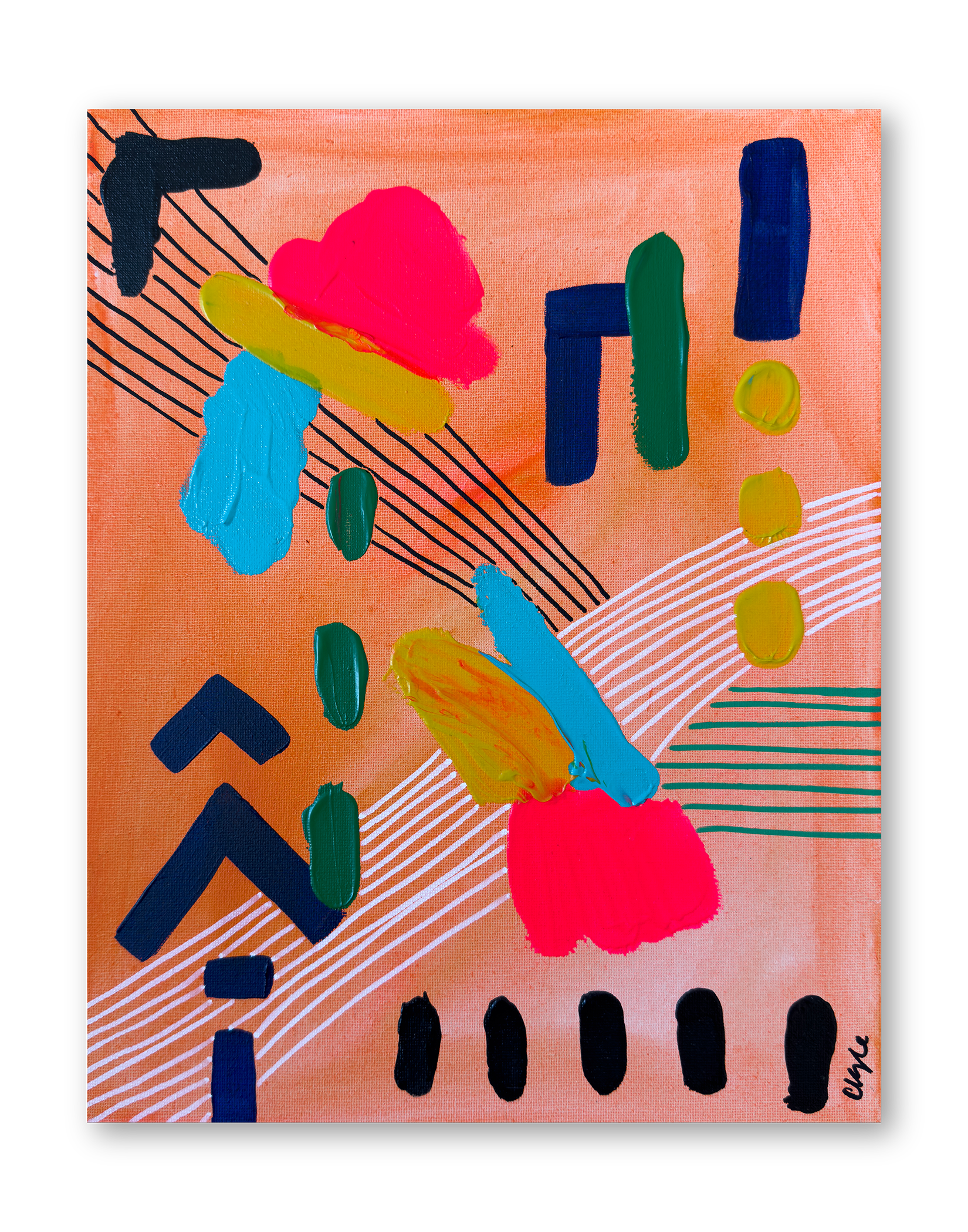 Abstract colorful painting with bright blobs of pink, yellow, blue, green, and black on a orange background, including black lines and white striped patterns.
