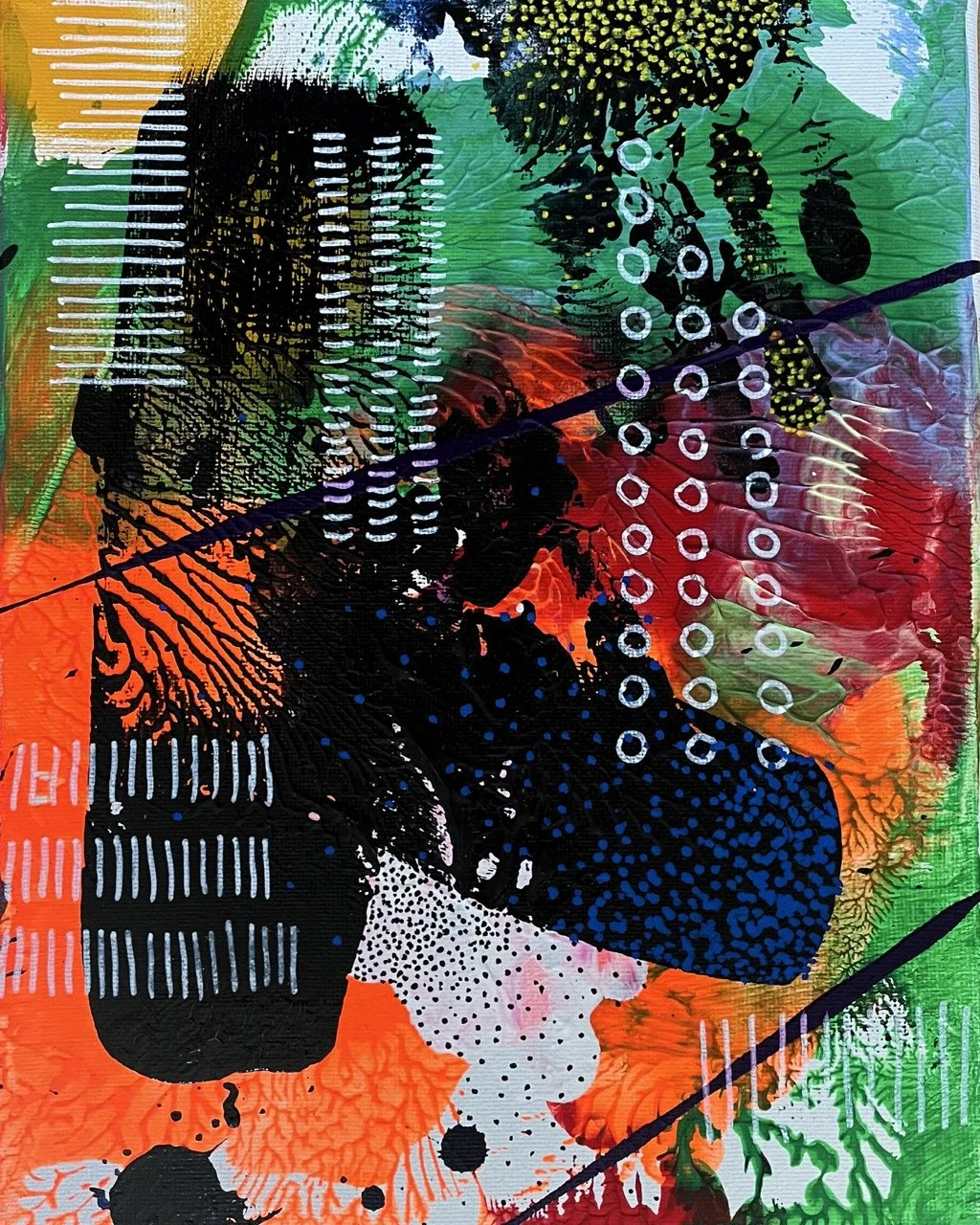 Abstract art piece featuring a mix of vibrant colors including orange, green, red, and black with various dotted and striped patterns and textures.