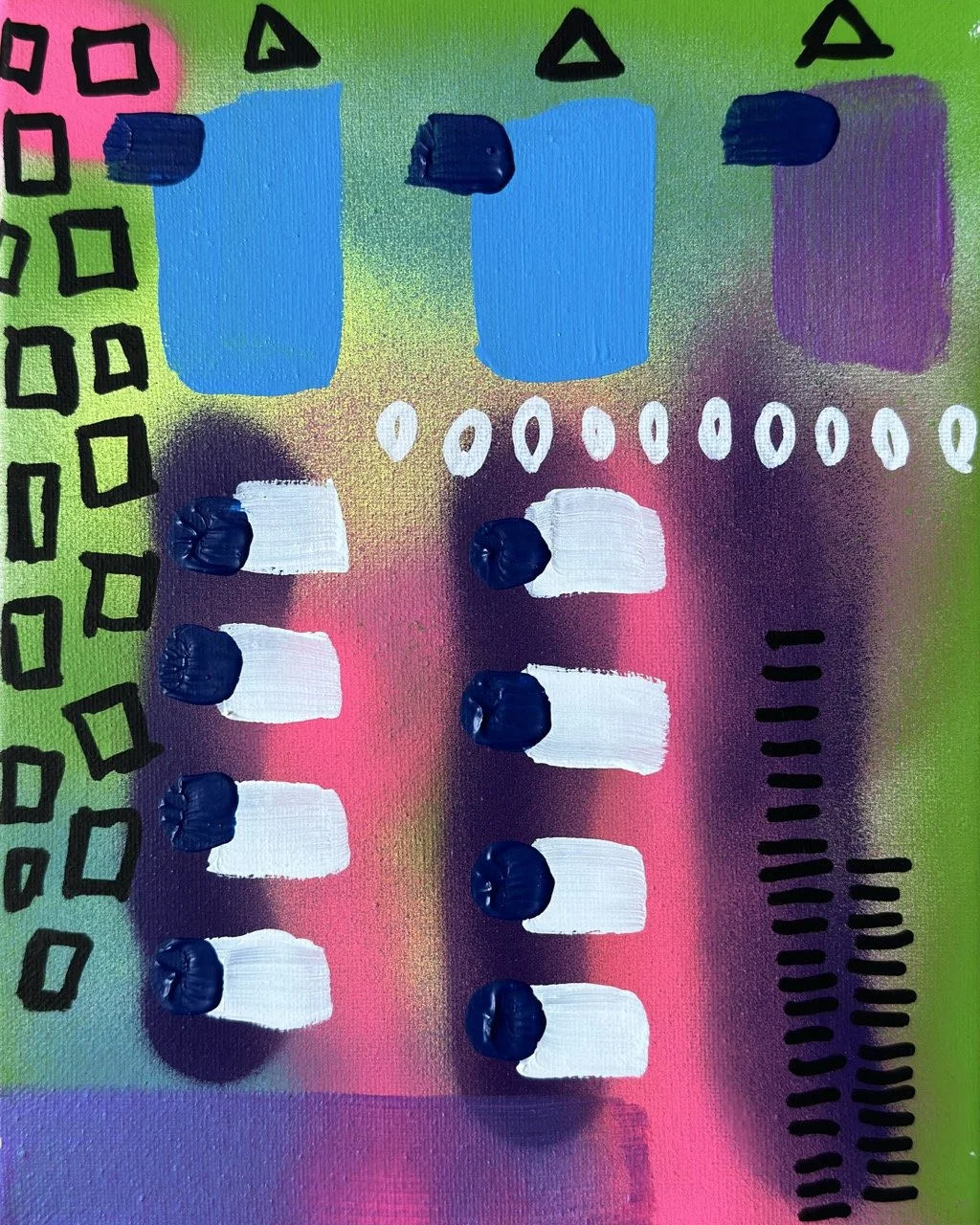 Abstract colorful painting with various shapes and patterns, including blue rectangles with black triangles on top, white and black rounded shapes, black squares, and black lines on a vibrant green and purple background.