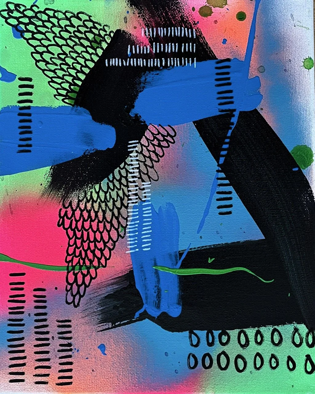 An abstract graffiti art piece featuring vibrant colors, black patterns, blue rectangles, green accents, and dotted designs.