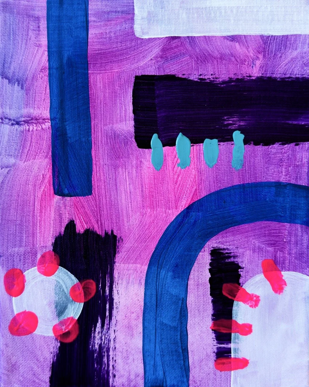 Abstract painting with pink, purple, blue, black, and white shapes and strokes, including circles, a large curved arch, vertical and horizontal bars, and splashes of red and blue.