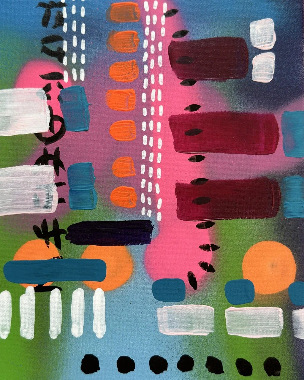 Abstract painting with various shapes and colors, including black, white, blue, red, orange, pink, green, and purple, arranged vertically and horizontally.