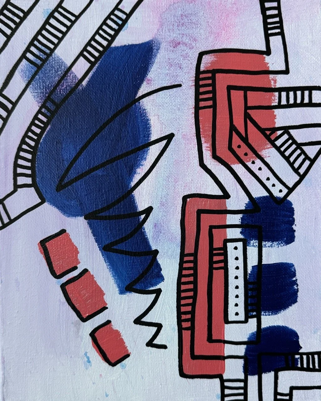 Abstract artwork featuring blue, red, pink, and black geometric shapes and patterns with expressive brush strokes.