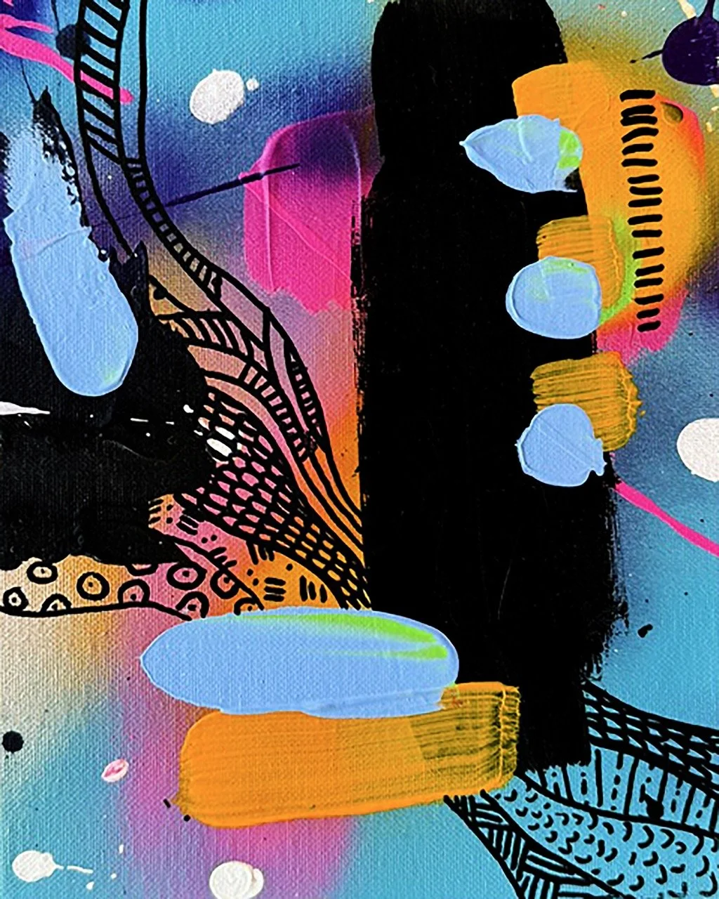 Abstract colorful painting with black line patterns, blue, orange, pink, purple, and white paint splatters and brushstrokes.