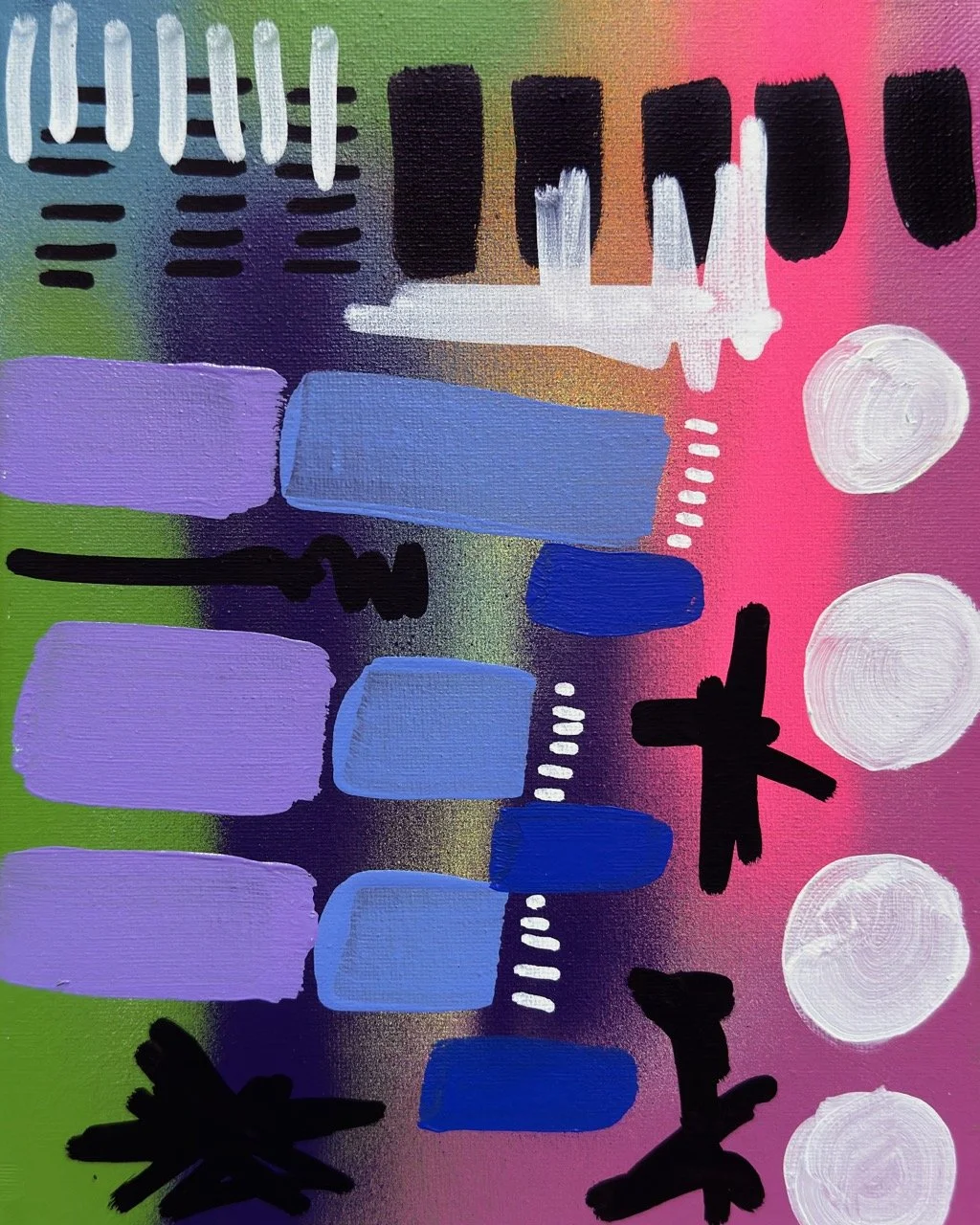 Abstract painting with colorful vertical and horizontal brushstrokes in purple, blue, black, white, pink, and green on a vibrant, multicolored background.