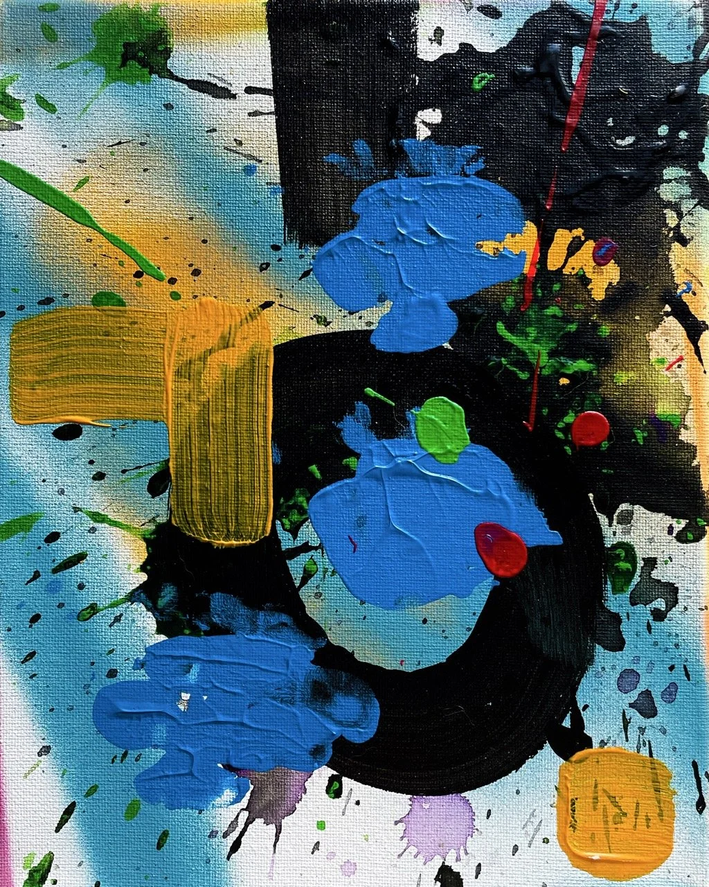 Abstract painting with splashes of blue, yellow, green, black, red, purple, and pink paint.