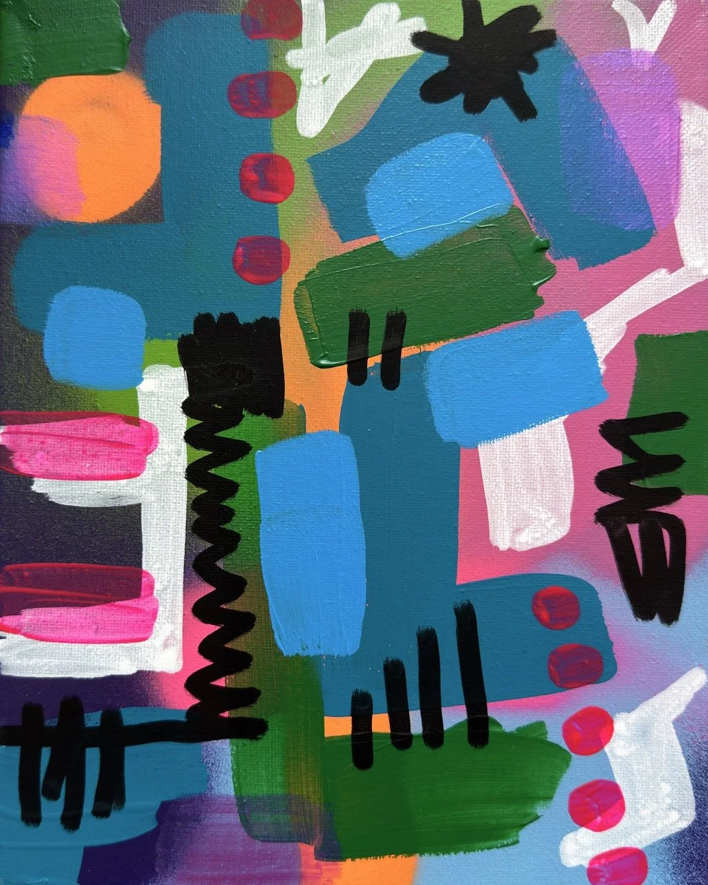 Abstract colorful painting with various shapes and colors, including pink, blue, green, black, and white, featuring brushstrokes, dots, and lines.