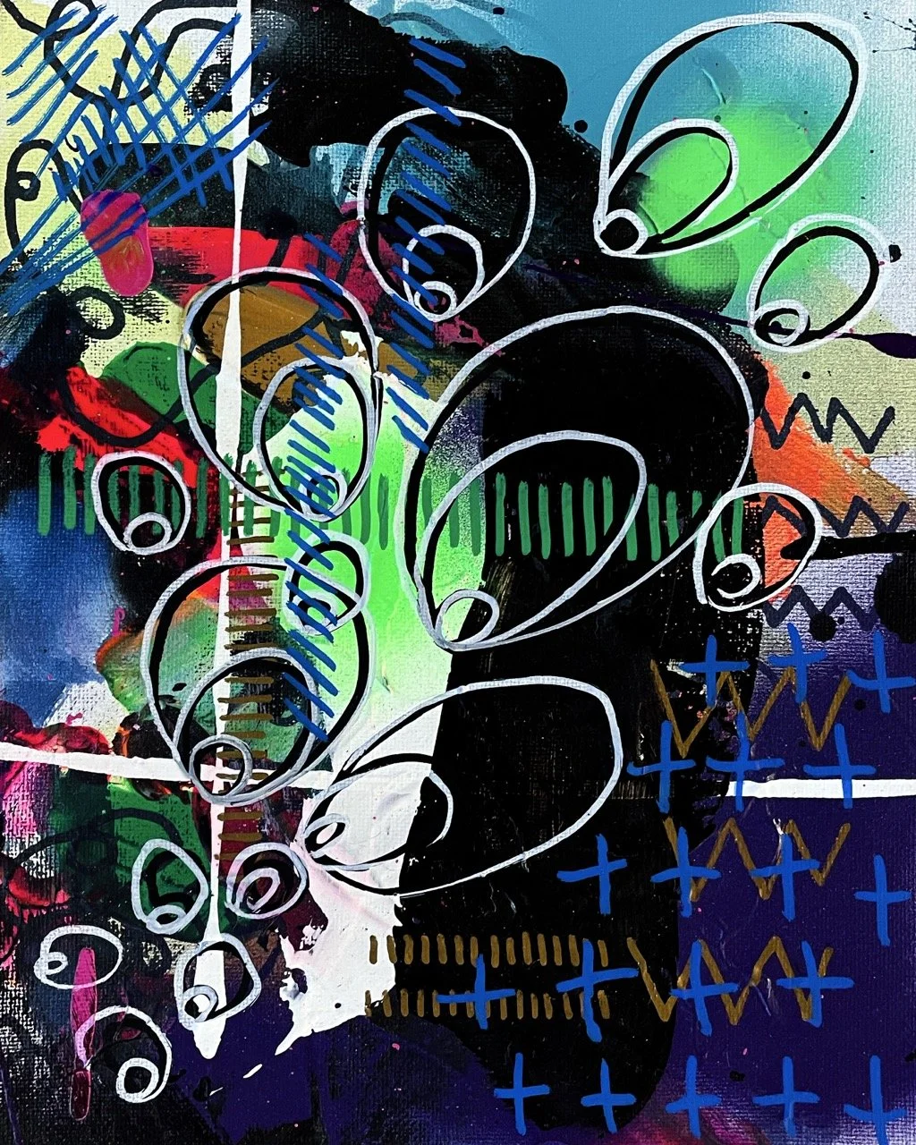 Abstract painting with vibrant splashes of color including green, pink, blue, black, and hints of yellow and purple. Features black, white, and blue scribbles and geometric shapes scattered across the canvas.
