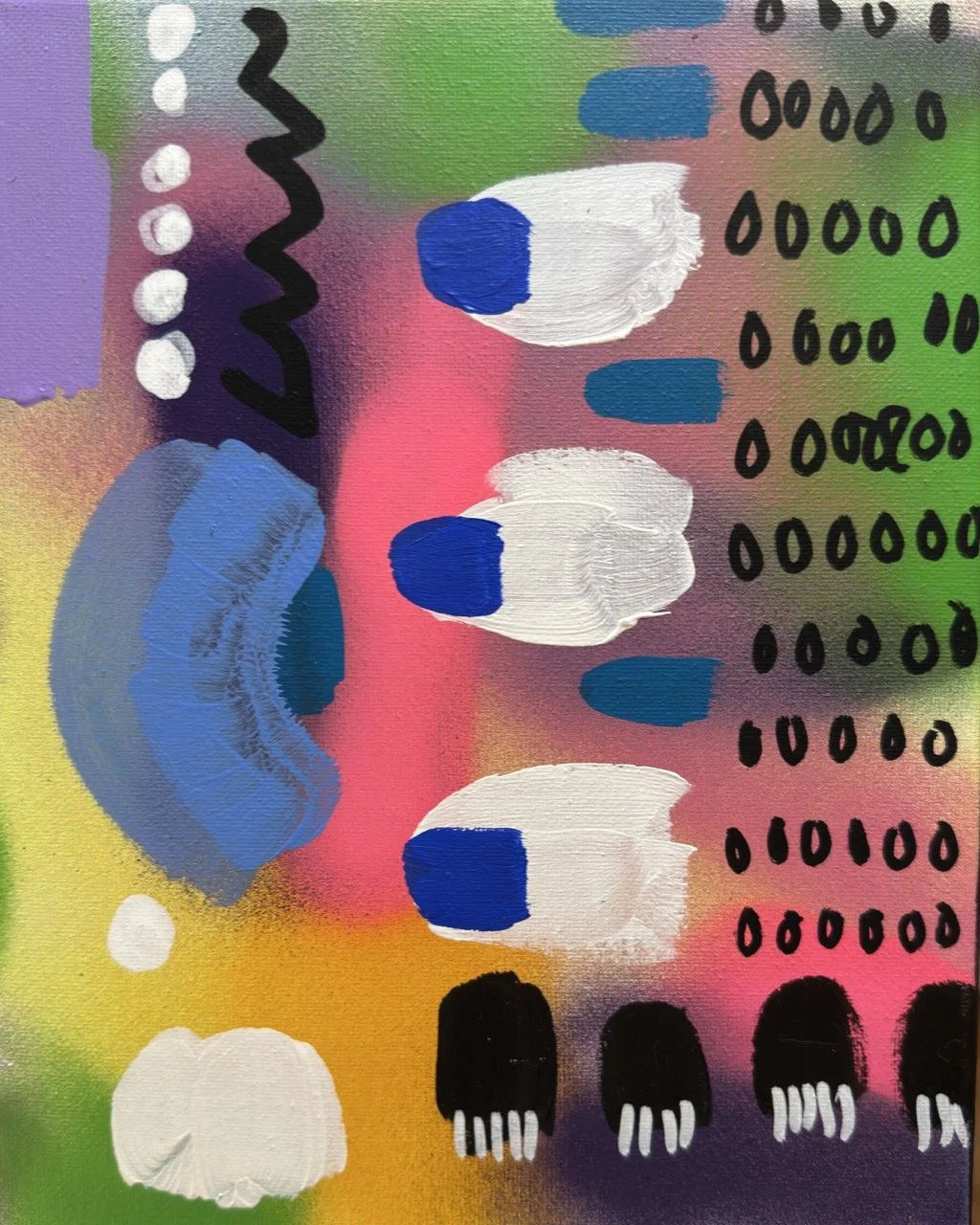 Abstract colorful painting with various shapes, dots, and patterns including white, blue, black, purple, green, pink, and yellow colors.