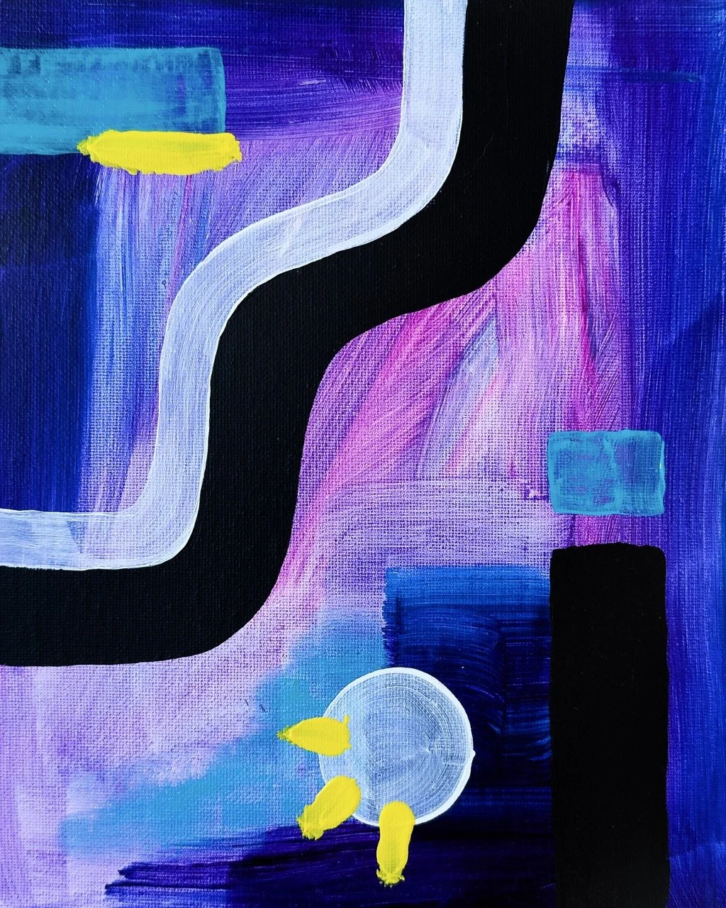 Abstract painting with vibrant colors, featuring black and white curving lines, purple, pink, blue background, and yellow accents.