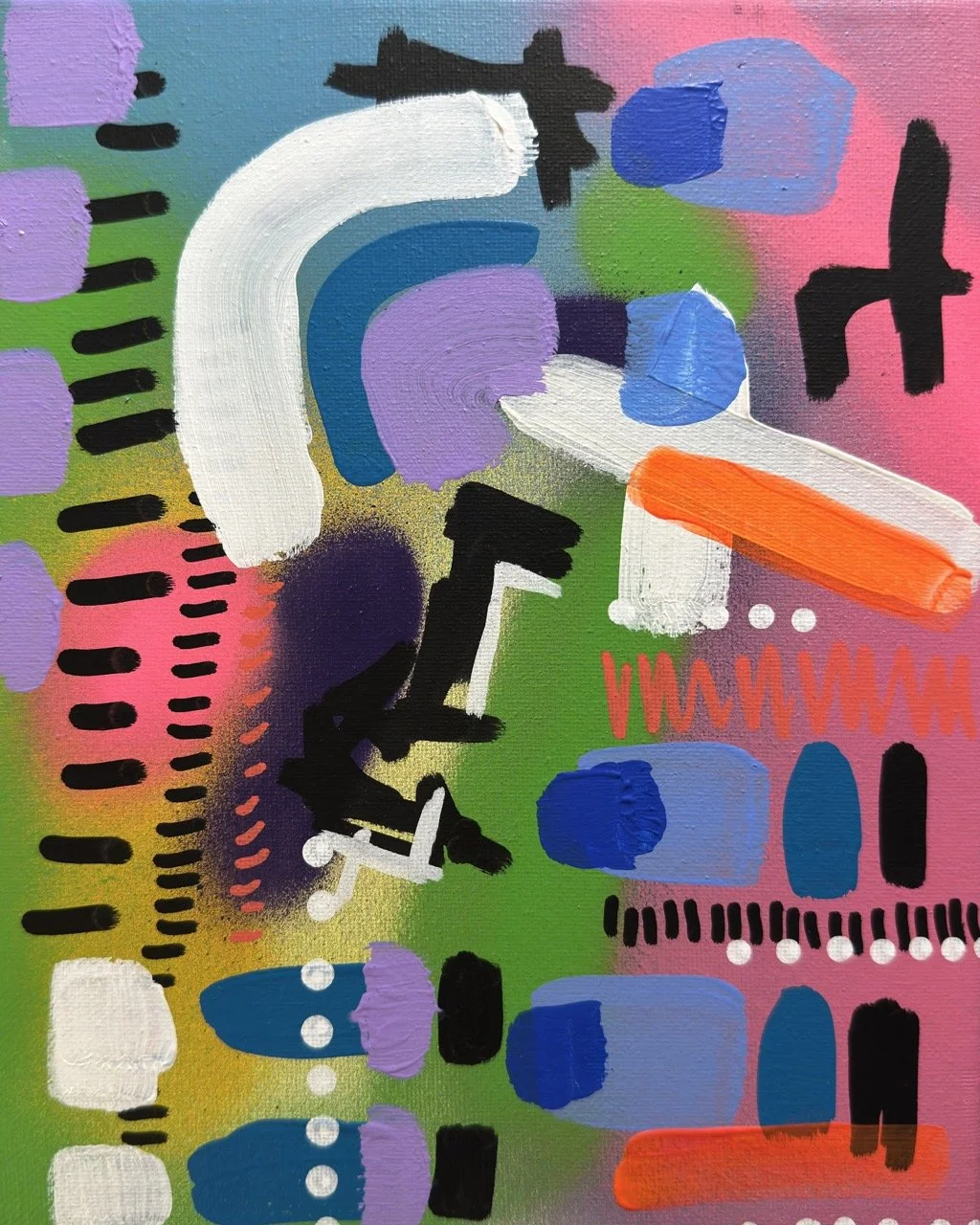 An abstract painting with colorful shapes, including purple, blue, green, pink, orange, black, and white, arranged in a vibrant, layered composition.