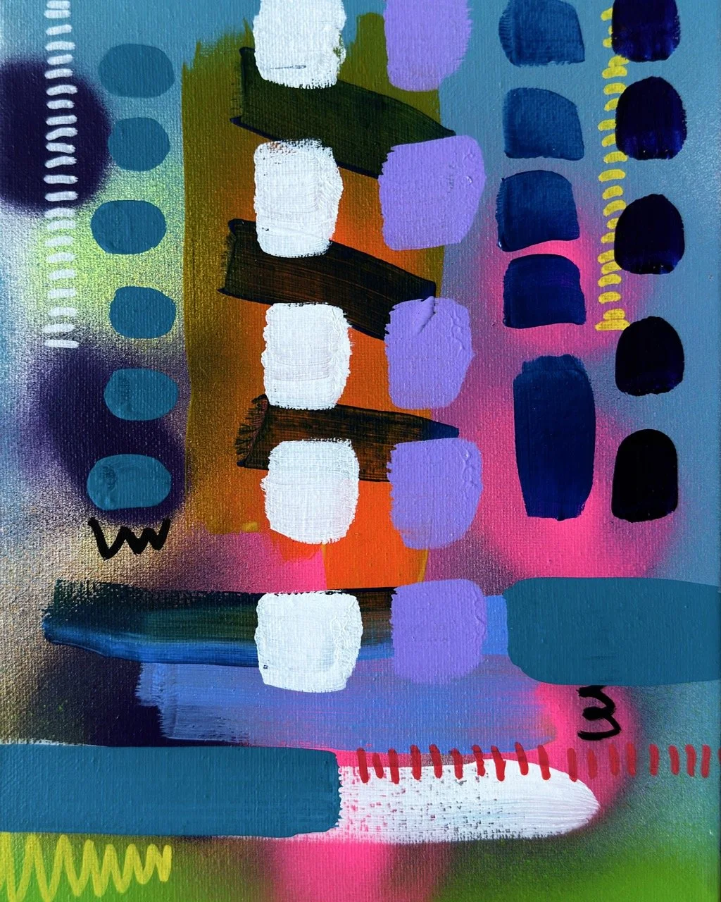 Abstract colorful painting with various geometric shapes, lines, and patterns in vibrant colors like purple, blue, orange, yellow, pink, black, and white.