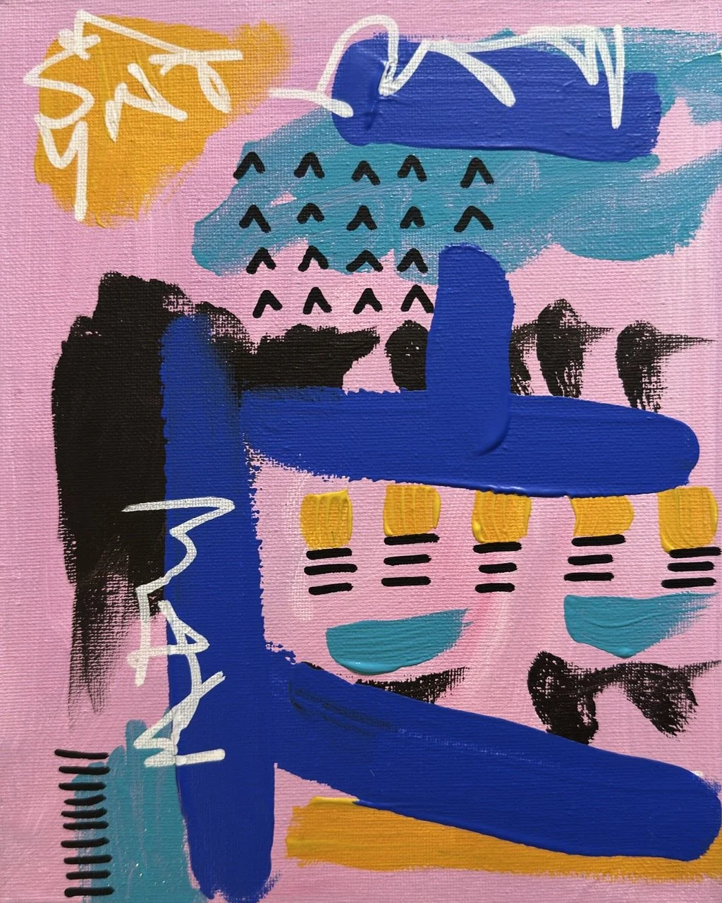 An abstract painting with a pink background, featuring bold blue, black, yellow, white, and teal brushstrokes and shapes, including arrows, lines, and ovals.