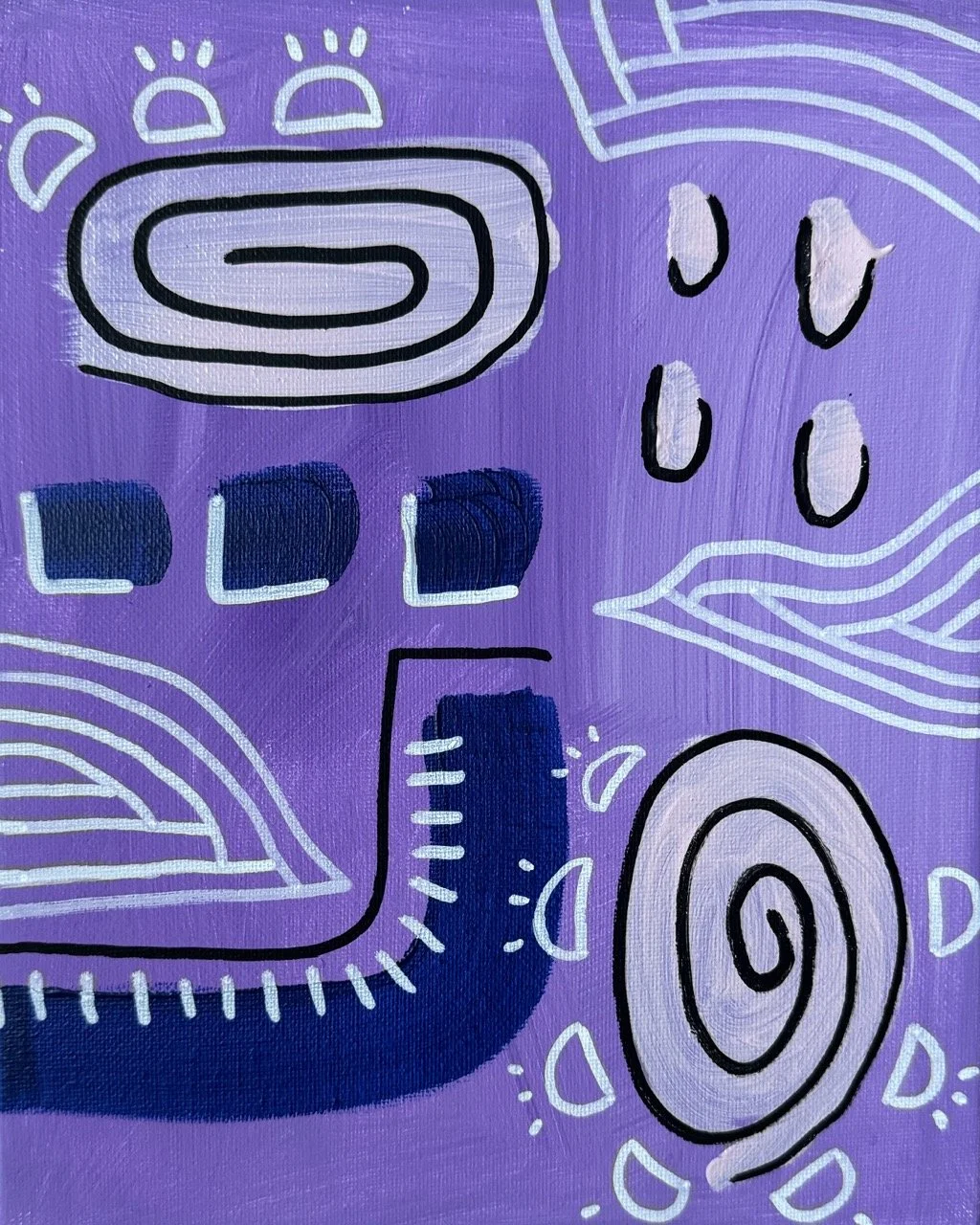Abstract purple background with black, white, and dark blue doodles and shapes, including swirls, rectangles, and irregular lines.