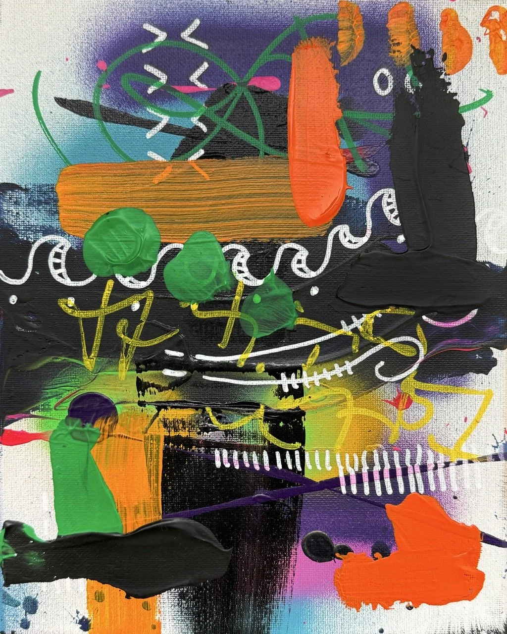 Abstract painting with vibrant colors and various shapes, including green circles, black and orange strokes, and white squiggly and dotted lines.