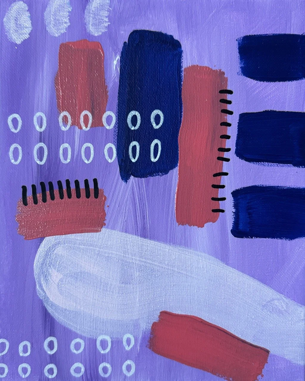Abstract painting with purple background, featuring rectangular and oval shapes in red, dark blue, black, and white, with dotted and striped patterns.