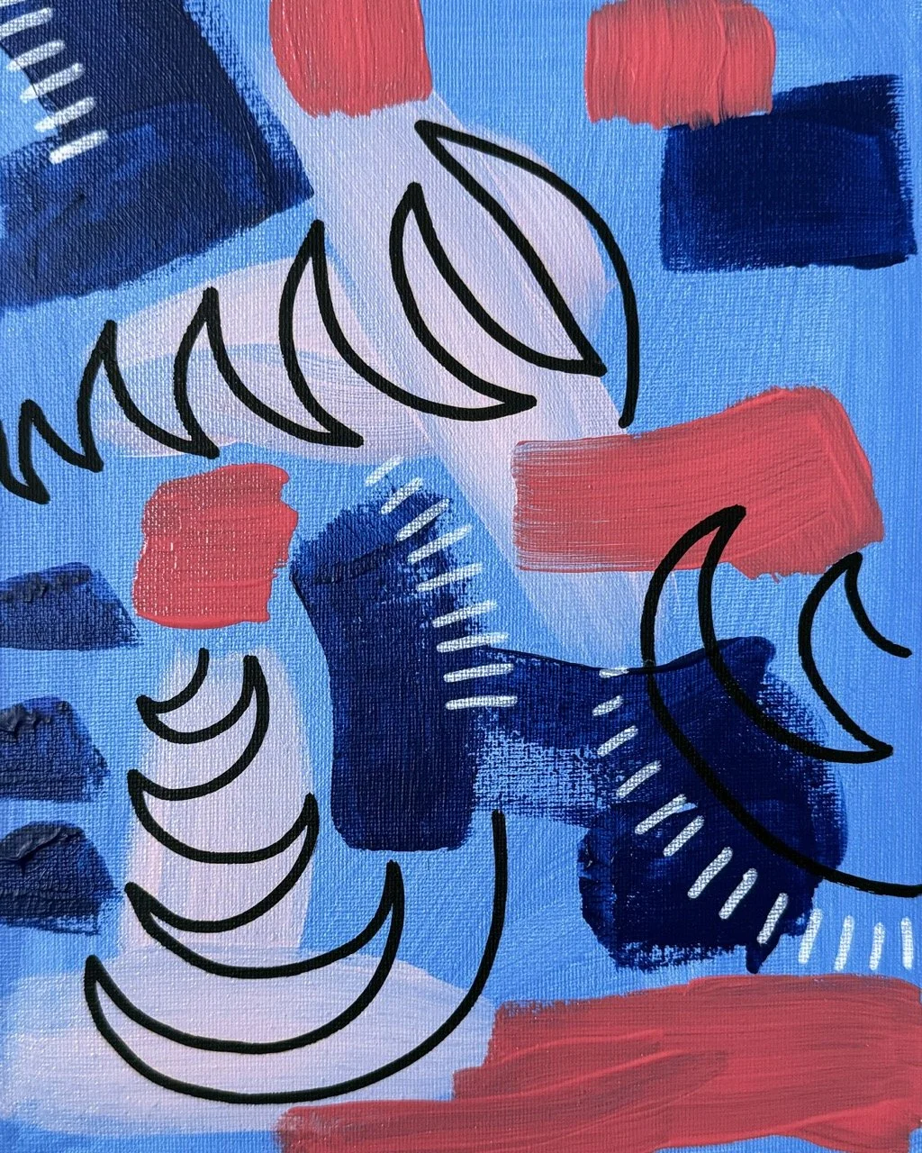 Abstract colorful painting featuring blue, red, black, and white brushstrokes with black curved lines overlaid.