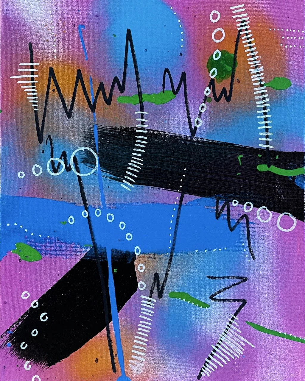 Abstract painting with colorful background, black zigzag lines, green, white, and blue accents, and dynamic geometric shapes.