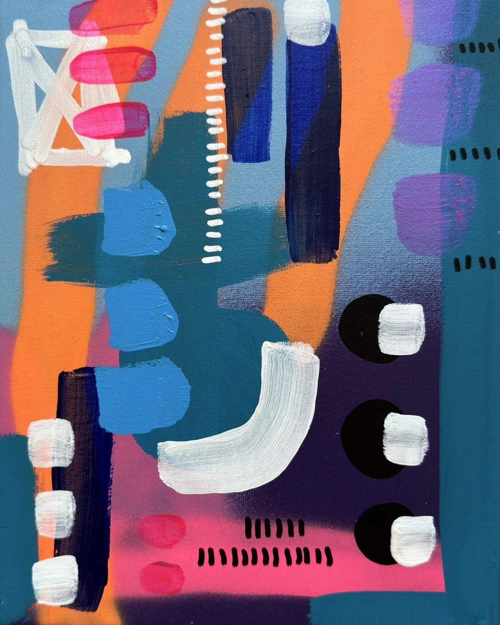 Abstract colorful painting with various shapes and brushstrokes, including circles, lines, and blocks in shades of blue, pink, orange, black, and white.