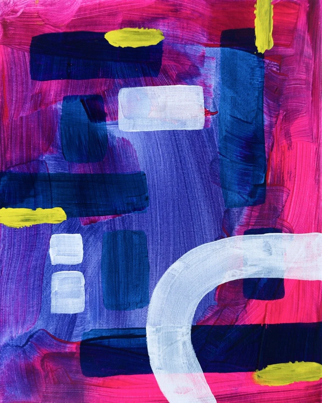 Abstract painting with pink, purple, blue, yellow, black, and white brushstrokes and geometric shapes.