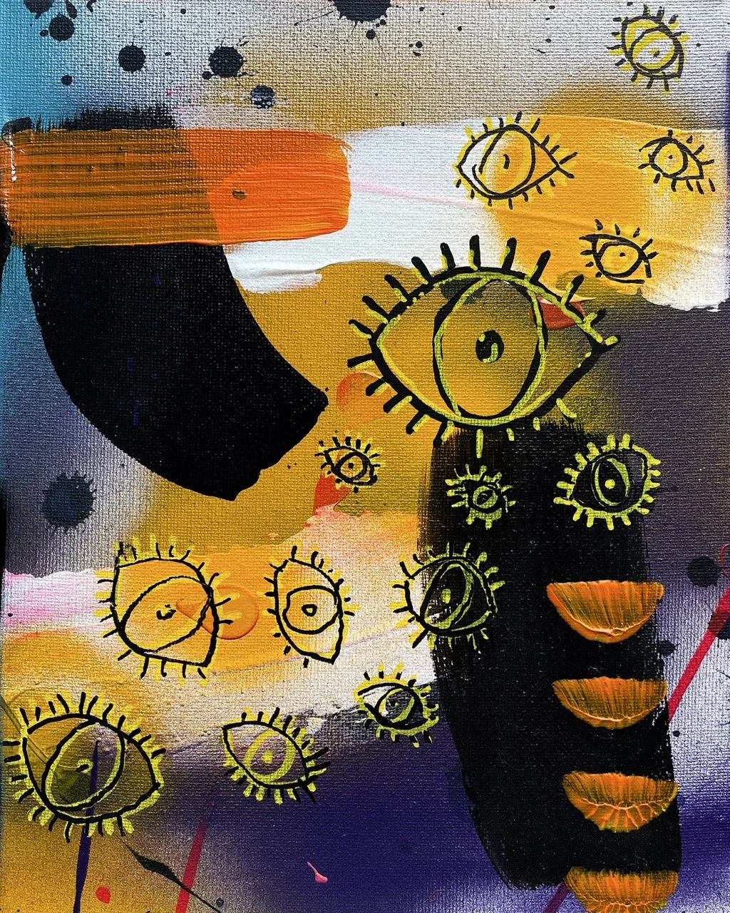 Abstract painting with colorful background, black eye motifs with eyelashes, and orange semi-circle shapes resembling lips.