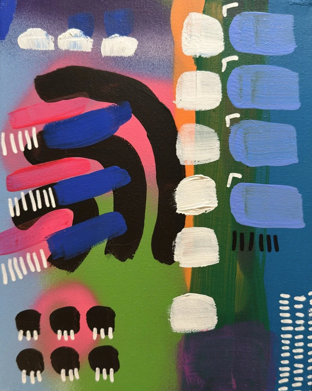 Abstract painting with colorful shapes and patterns including black curved lines, blue and pink brushstrokes, white and blue block shapes, dotted patterns, and vibrant background colors.