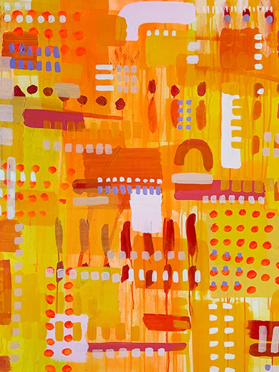 Four abstract paintings with colorful backgrounds and black, white, and vibrant brushstrokes arranged in a 2x2 grid.