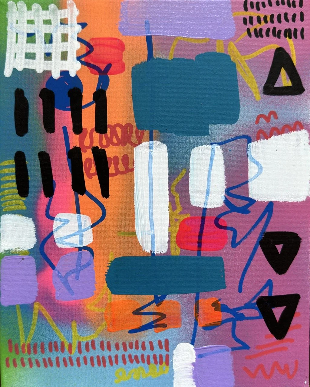 Abstract colorful artwork with various shapes, lines, and patterns, including rectangles, triangles, and squiggles in multiple colors like blue, red, green, black, white, purple, orange, and yellow.