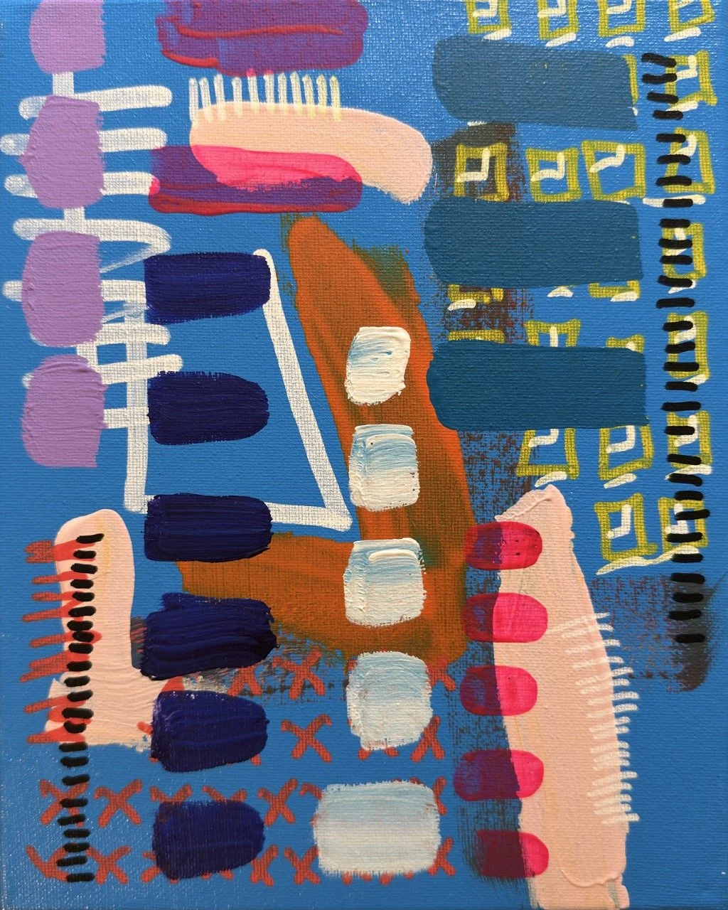 Abstract painting with colorful shapes, lines, and patterns including squares, circles, and scribbles on a blue background.