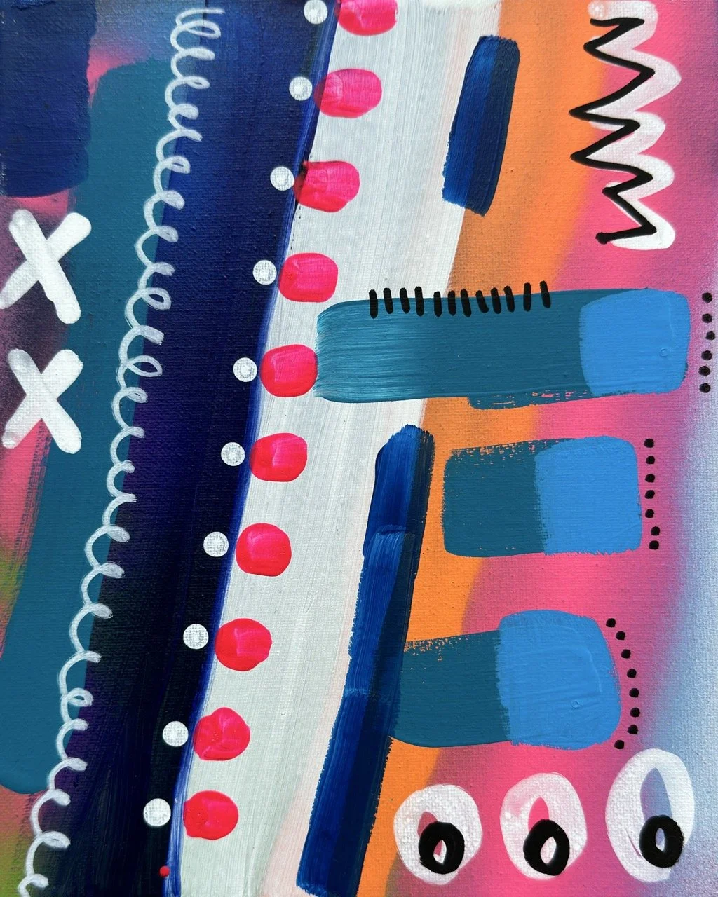 A colorful abstract painting with various brushstrokes, dots, and zigzag lines in blue, pink, orange, white, and black. Includes patterns like circles, crosses, and squiggles.