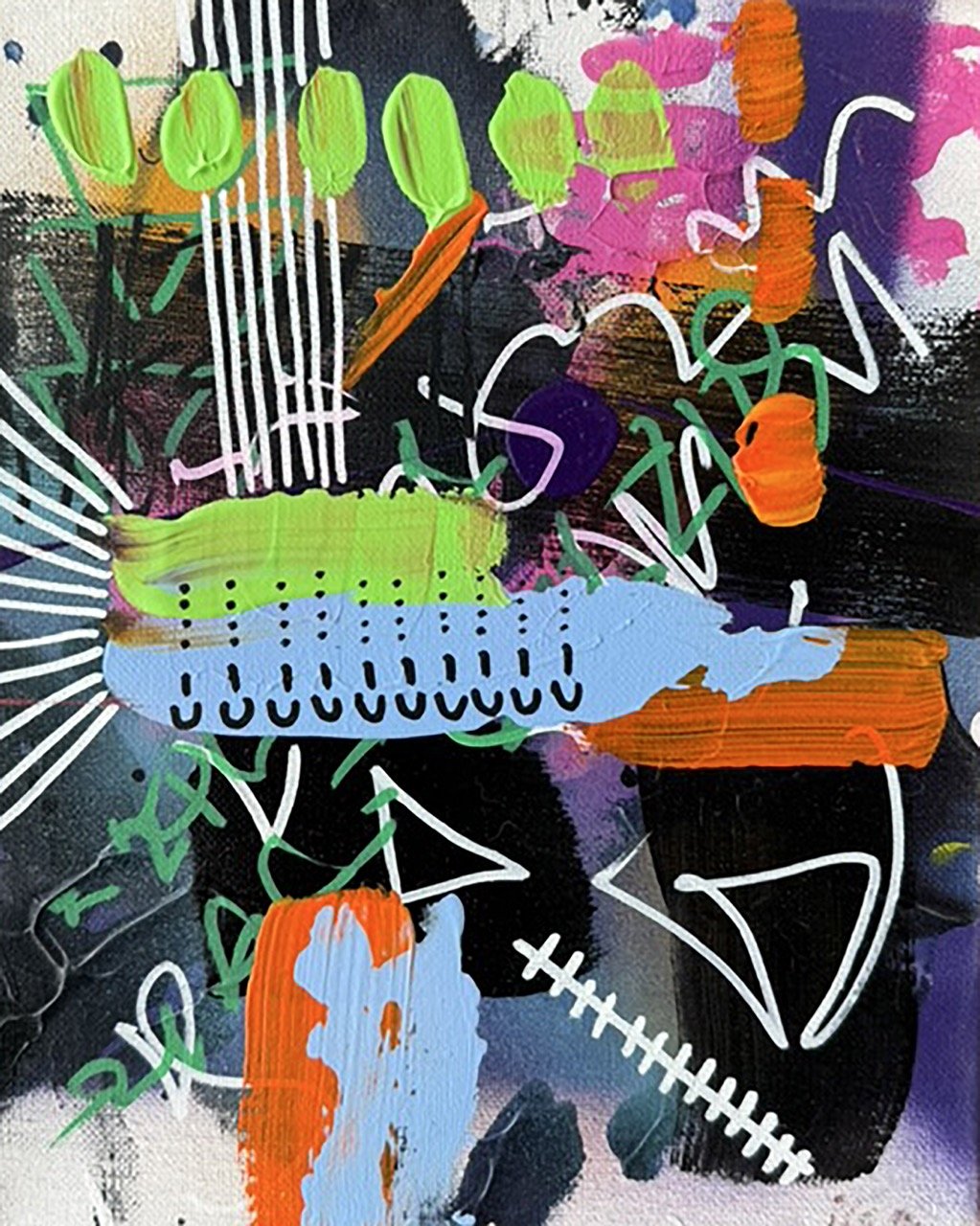 Abstract colorful painting with various shapes, lines, and strokes including green ovals, pink and orange blobs, white dashed lines, black and purple areas, and a light blue shape with black dots.