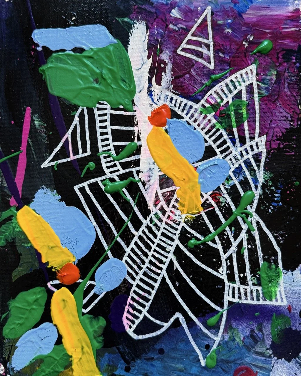 Abstract painting with a black background, featuring a white geometric figure, splashes of green, blue, yellow, orange, and purple paint, and layered textured colors.