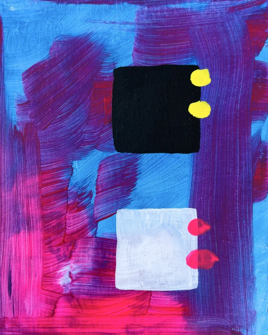 Abstract painting with bold colors including pink, purple, blue, black, white, yellow, and red, featuring rectangular shapes and textured brushstrokes.