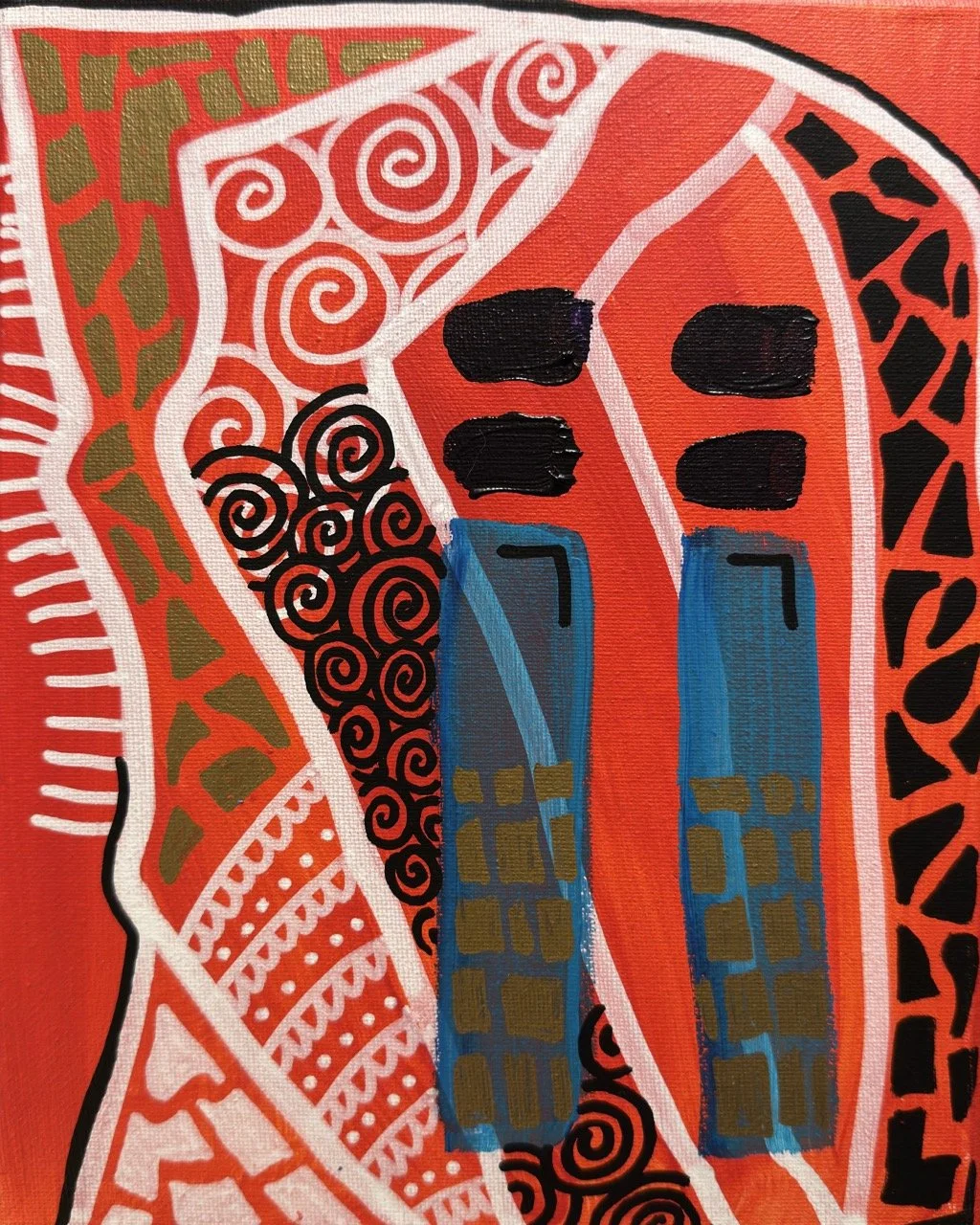 Close-up of a colorful, abstract painting featuring a watermelon with black seeds, a slice of watermelon, and decorative patterns in red, white, black, green, and blue.