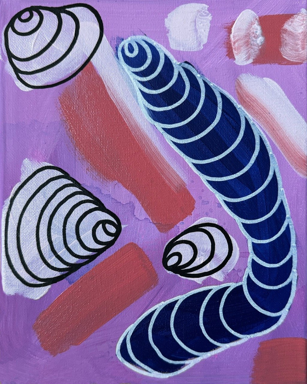 Abstract painting with black-outlined spirals in blue, pink, and white on a pink and purple background.