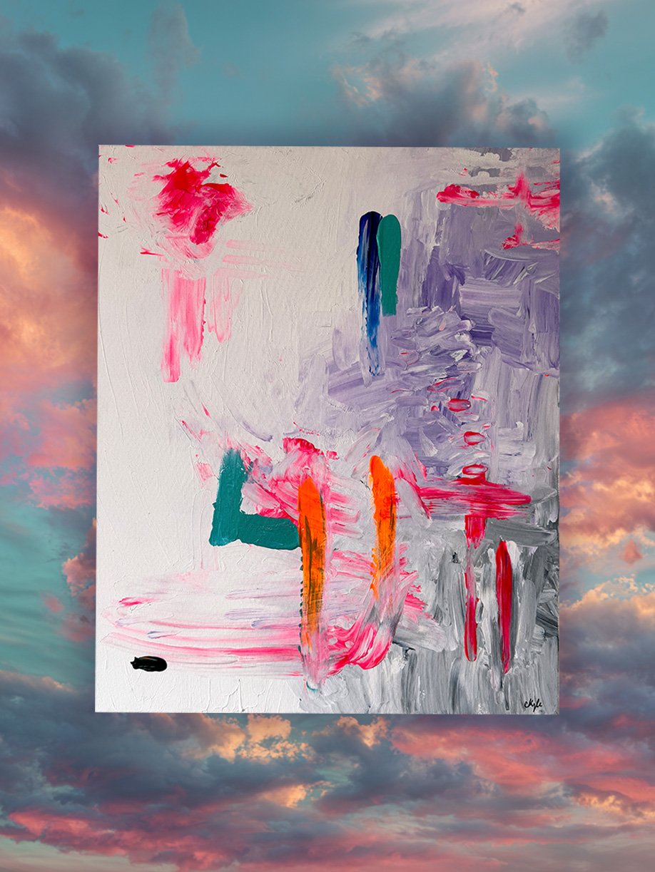 abstract painting in white, purple and gray