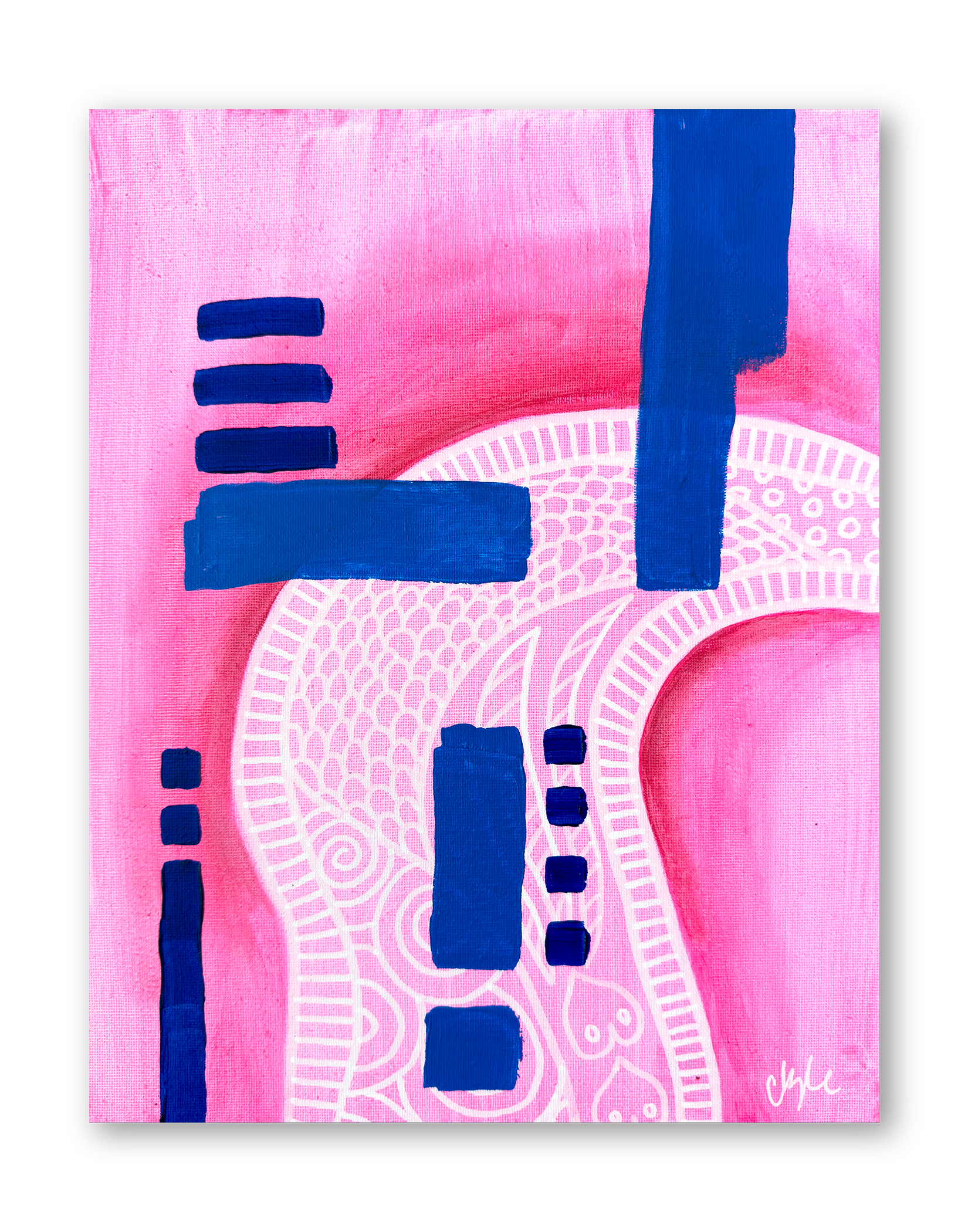 Abstract pink background with white intricate patterns and bold blue rectangular shapes.