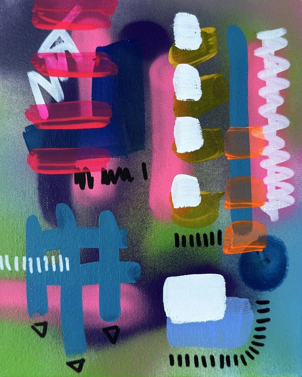 Abstract colorful painting with various shapes, lines, and patterns including a prominent blue hashtag symbol, white and pink scribbles, and black, white, blue, gold, and orange accents on a multicolored background.