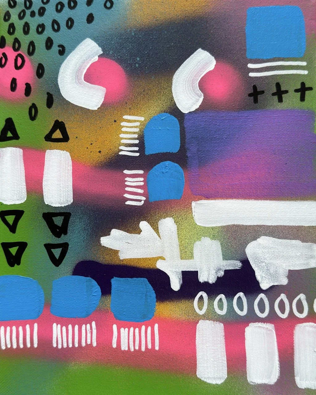 Abstract colorful painting with various geometric shapes and patterns, including blue squares, white lines, black triangles, and pink and green accents.