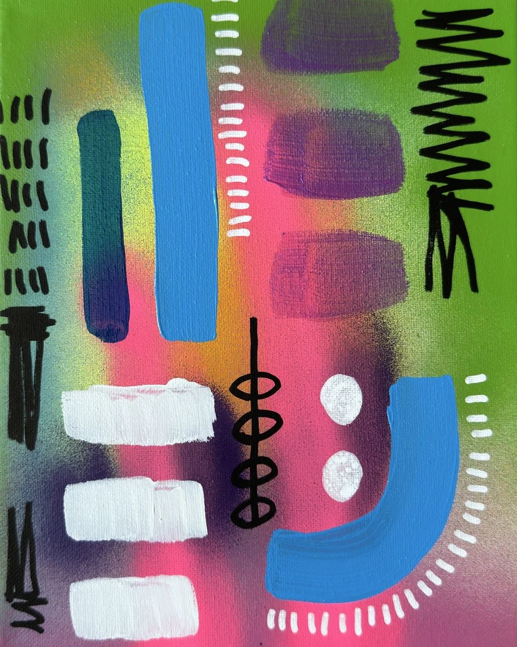 Abstract colorful artwork with various shapes, lines, and brushstrokes, featuring bright colors like blue, pink, green, purple, and white.