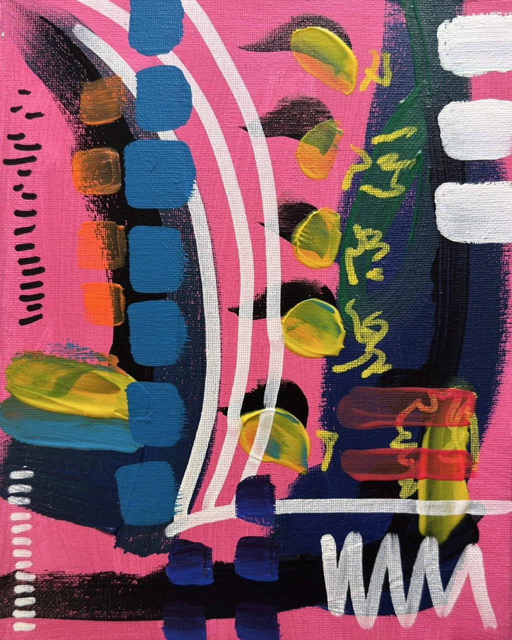 An abstract painting with a pink background featuring various colorful shapes, lines, and brushstrokes, including blue squares, yellow semi-circles, white and black dots, and scribbles in yellow and red.