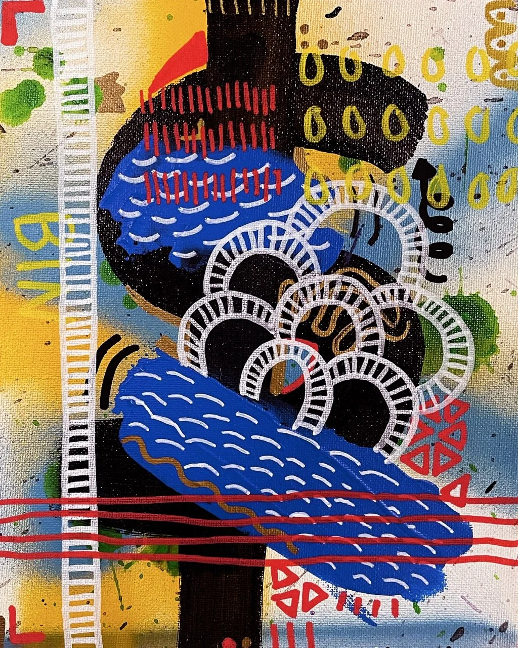 Abstract colorful painting with lines, circles, and patterns in black, blue, red, yellow, green, and white.