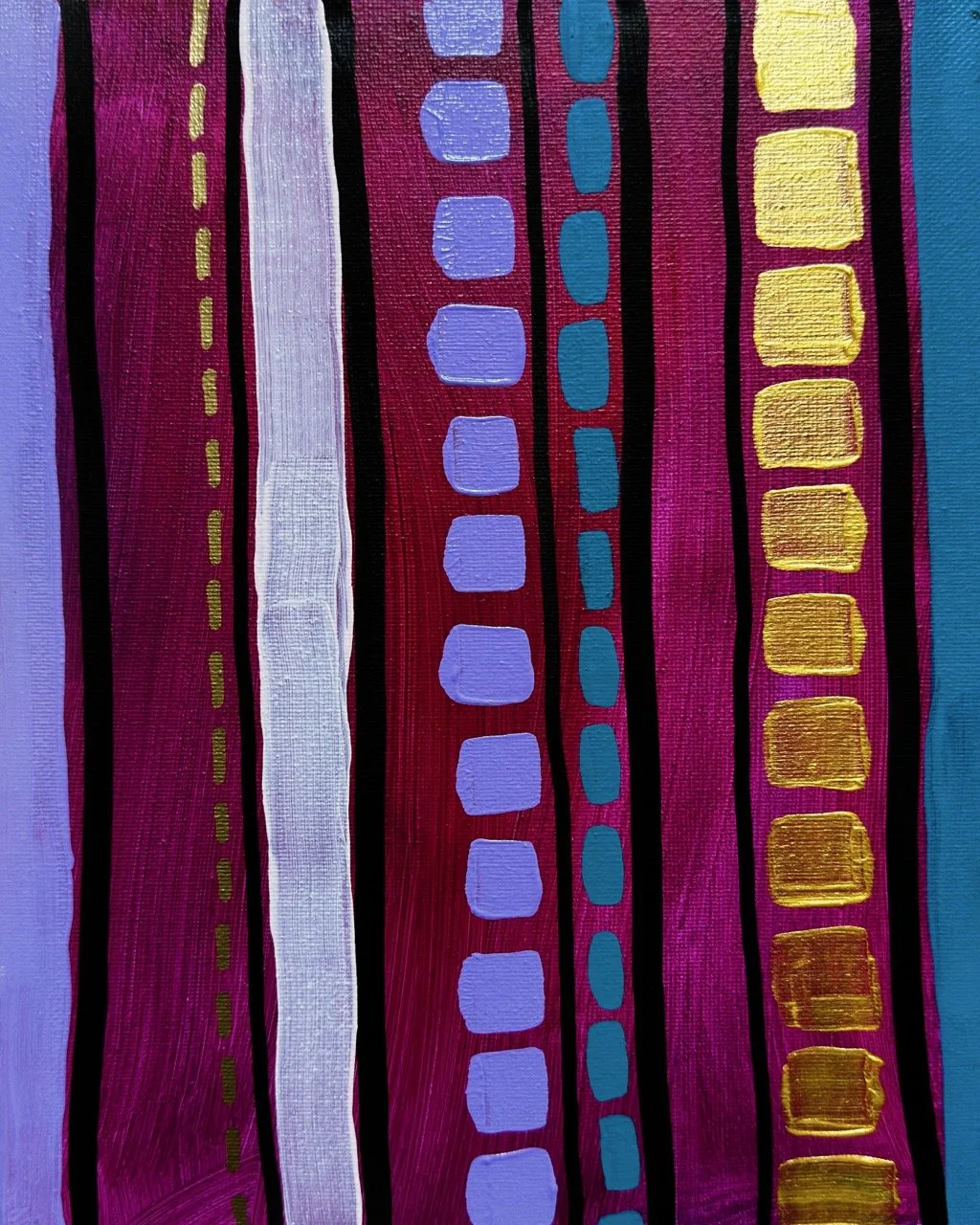 Abstract painting with vertical stripes in shades of purple, pink, white, black, blue, and gold, featuring dotted and dashed patterns.