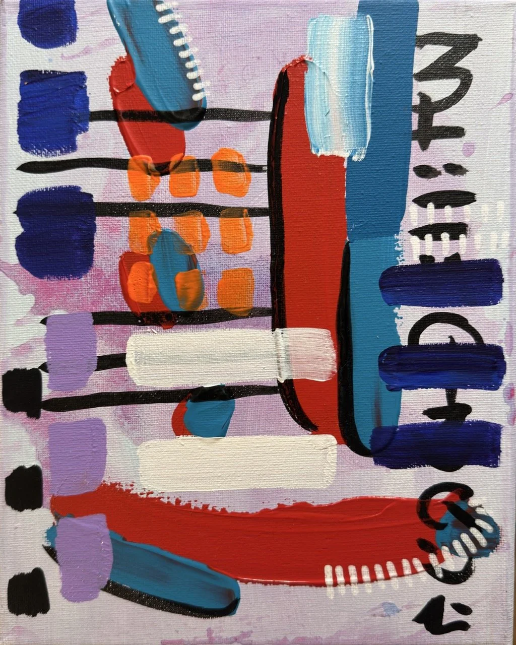 Abstract colorful painting featuring red, blue, white, purple, black, and orange shapes and lines, some resembling headphone or microphone designs.