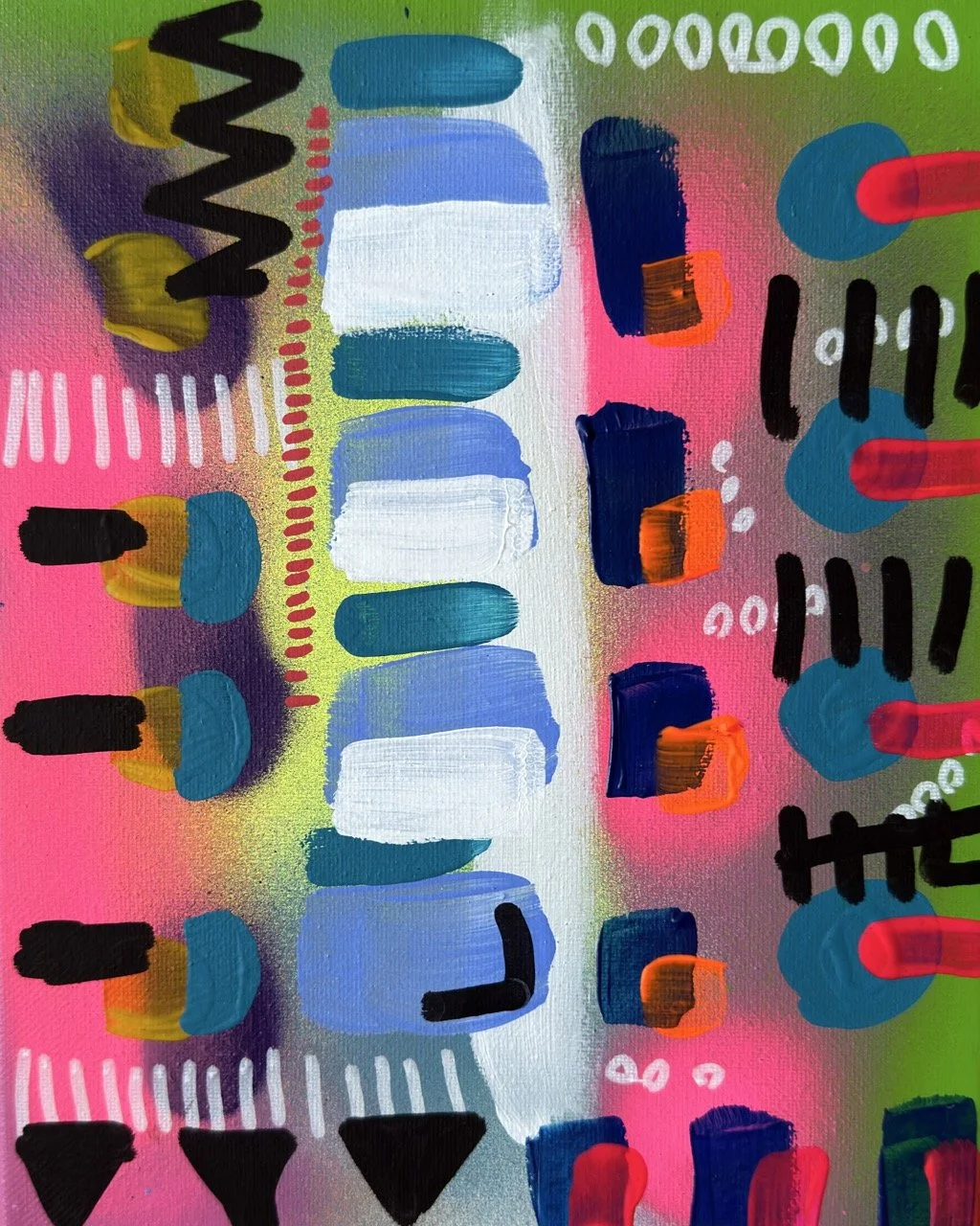 Abstract colorful painting with shapes and lines in pink, green, white, blue, black, red, and yellow.