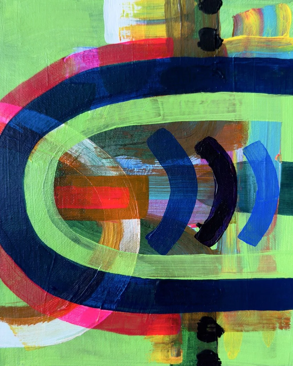 Abstract colorful painting with multiple layered circles and arcs in greens, blues, reds, yellows, and browns.
