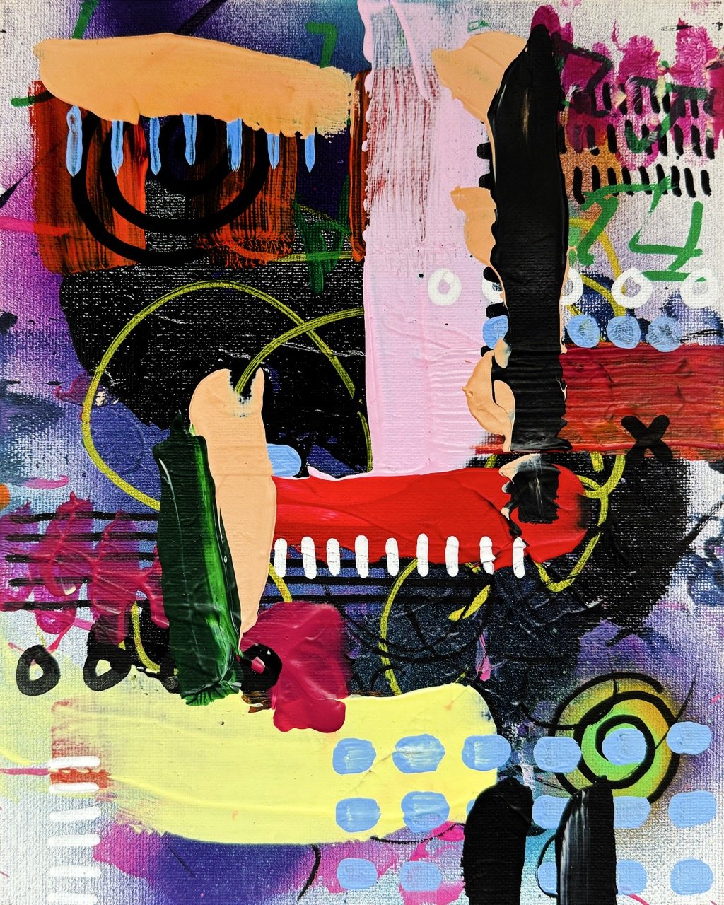 Abstract colorful painting with various shapes, lines, and textures including black, red, pink, yellow, green, blue, and purple elements.