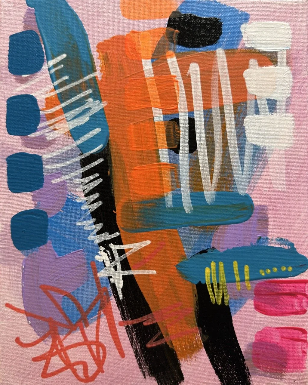 Abstract colorful painting with various brushstrokes and shapes in red, orange, blue, black, white, purple, and yellow on a pink background.