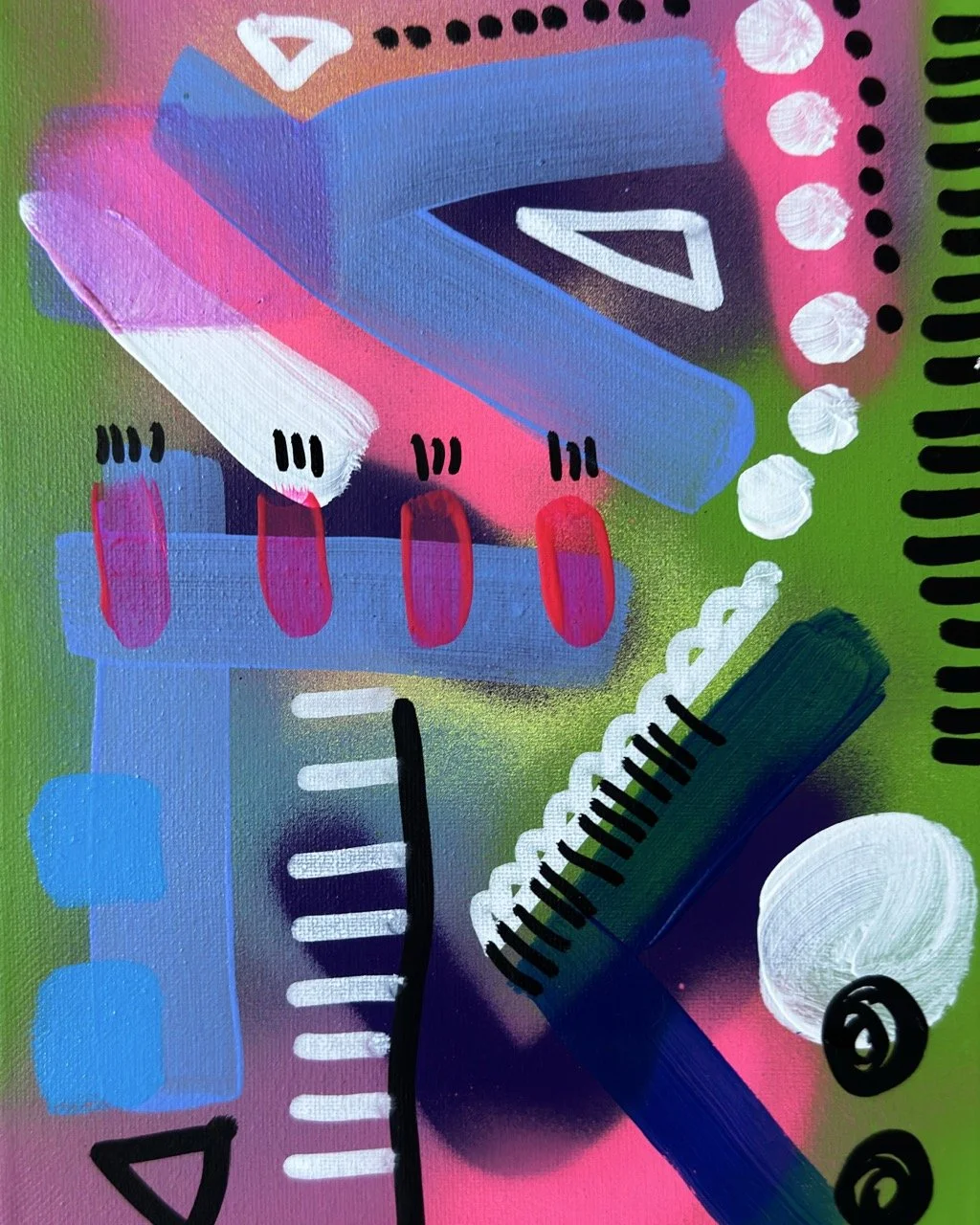 Abstract colorful painting with various geometric shapes, lines, and dots in pink, blue, green, black, white, and purple.