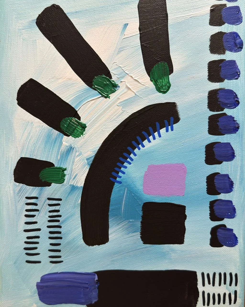 Abstract painting with bold black, green, purple, and pink shapes and brushstrokes on a light blue background.